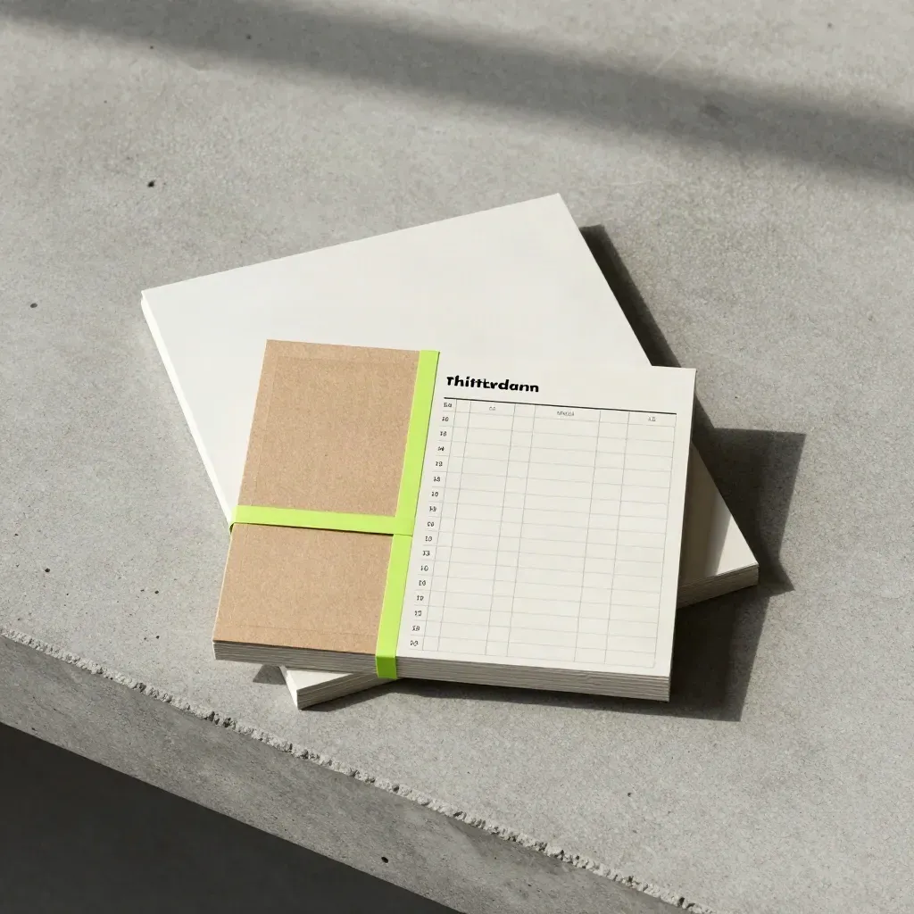 Overhead flatlay van een retail vacaturepakket met kaarten en limegroen accent op beton.