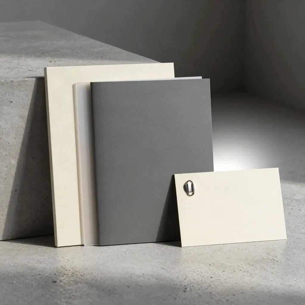 Luxe CV-starterspakket met mappen, tabs en paperclips op beton, links in beeld.