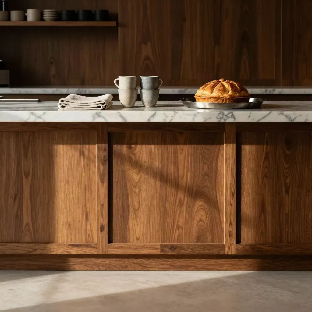 Warme horecahoek met marmeren toog, houten wand en keramieken servies in zacht ochtendlicht.