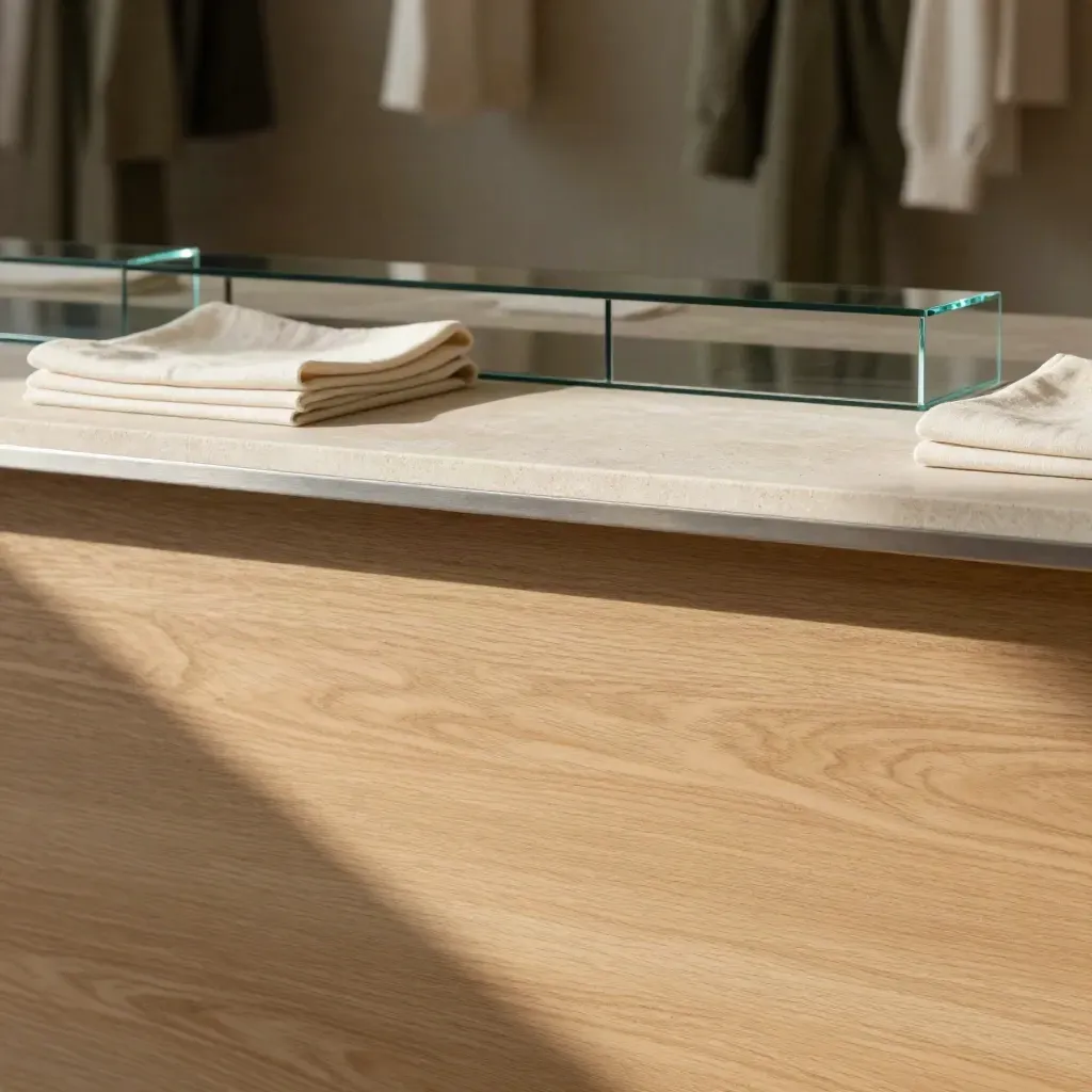 Retailtoog van hout en steen in zacht ochtendlicht met rustige ruimte voor koptekst.