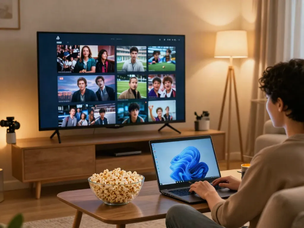 Pikashow for Windows desktop streaming in a cozy living room.