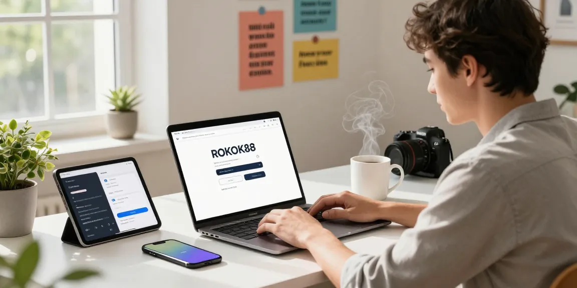 rokok88 login page on a laptop in a cozy home office environment with motivational decor.